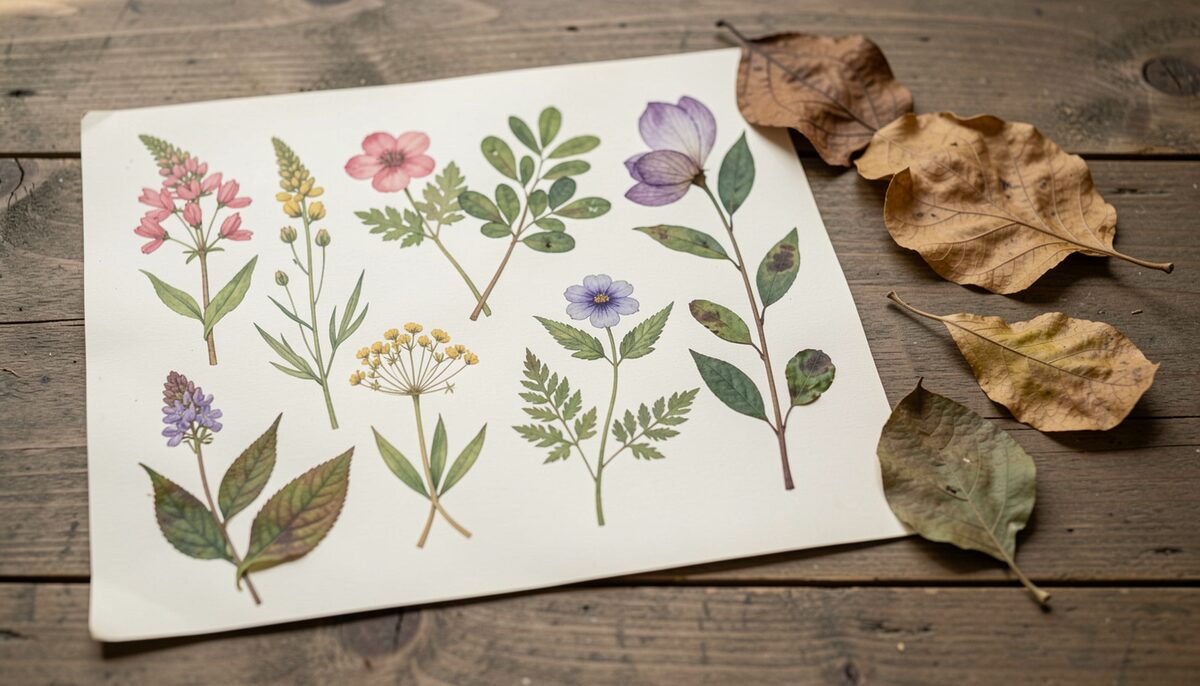 Flat lay of vintage botanical watercolour illustrations beside dried pressed leaves on a table.