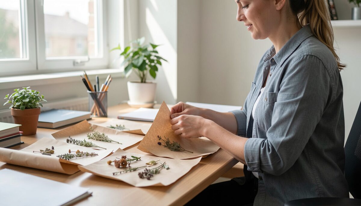 Researcher sorting dried plant samples in paper envelopes at a light-filled office desk.