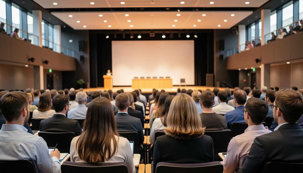 Wide view of a modern Sydney conference auditorium seen from behind the seated researchers, backs of heads and shoulders in soft focus, warm stage lighting ahead, no projection screen in the frame.