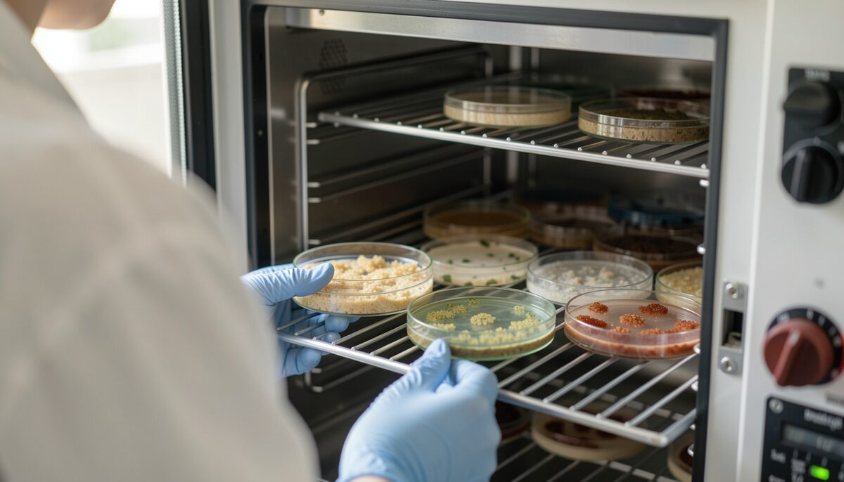 Laboratory worker in gloves placing petri dishes with fungal cultures into an incubator rack.
