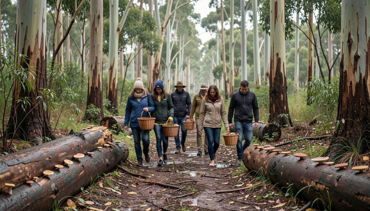 Group of people with baskets walking through damp eucalypt forest looking for fungi on logs.