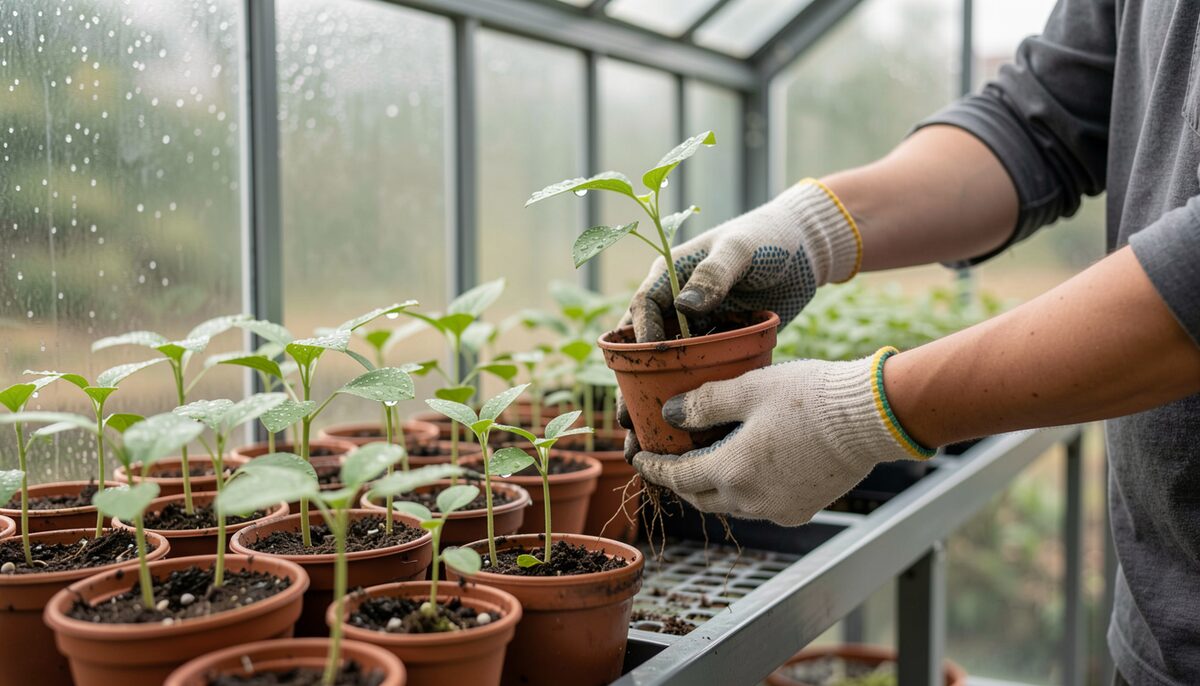 Visitors in a bright reference collection room examining potted specimens beside cabinets of labelled plant samples and botanical prints.