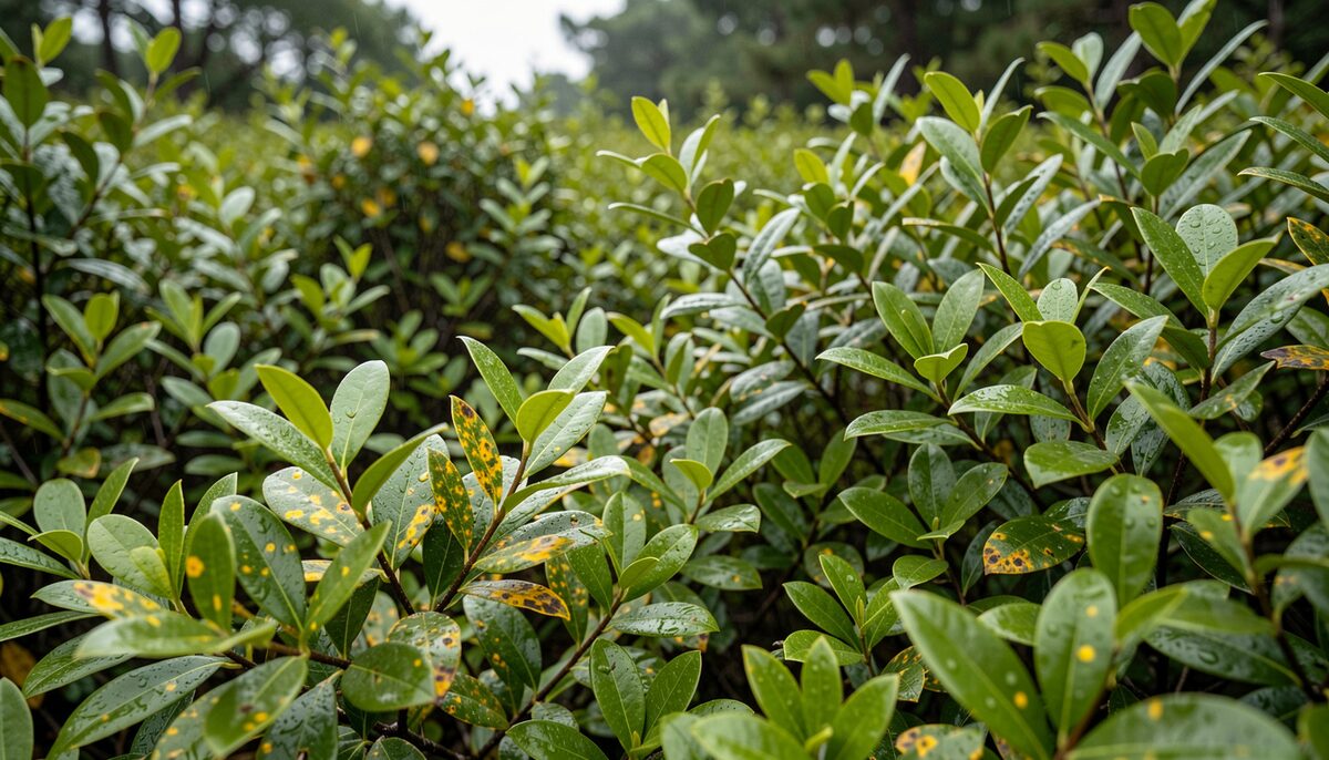 Dense native scrub with glossy green leaves showing yellow rust spots after rain.