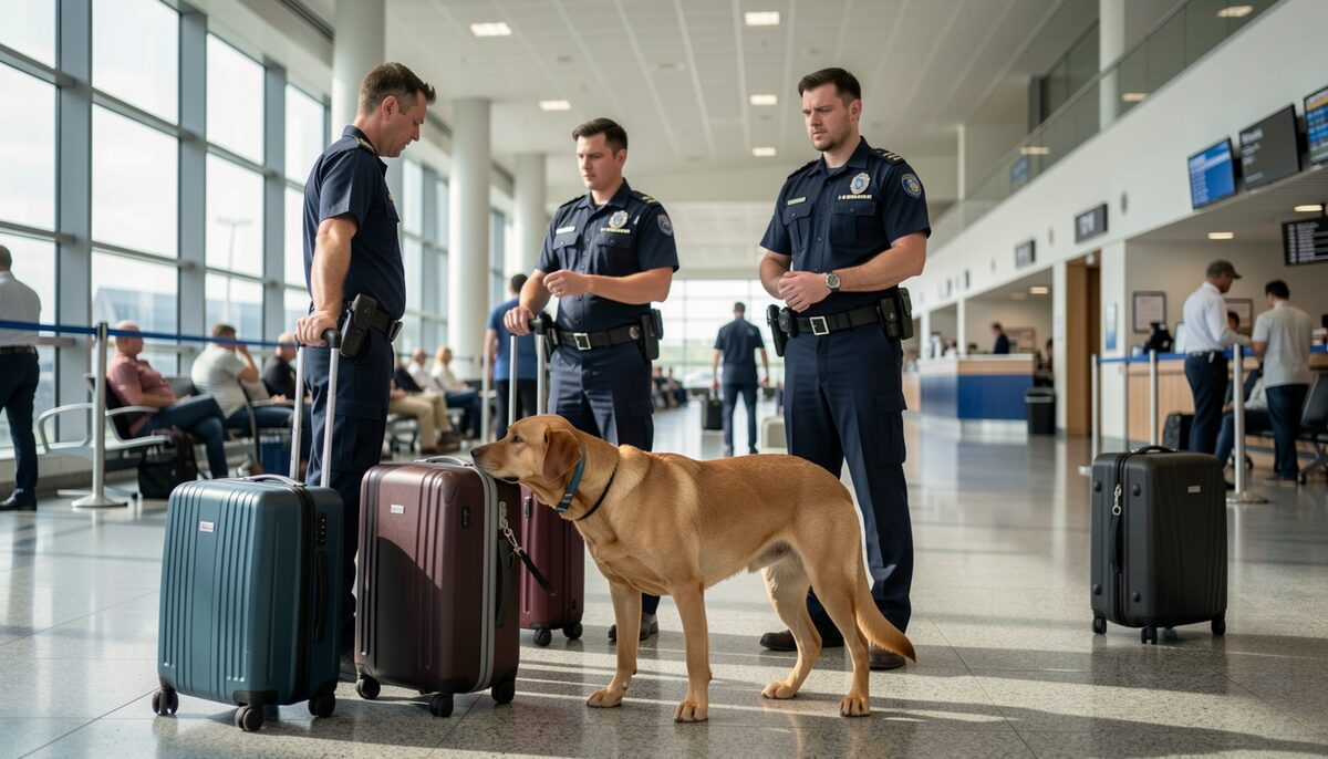 Quarantine detector dog sniffing luggage beside officers at an airport arrivals hall.