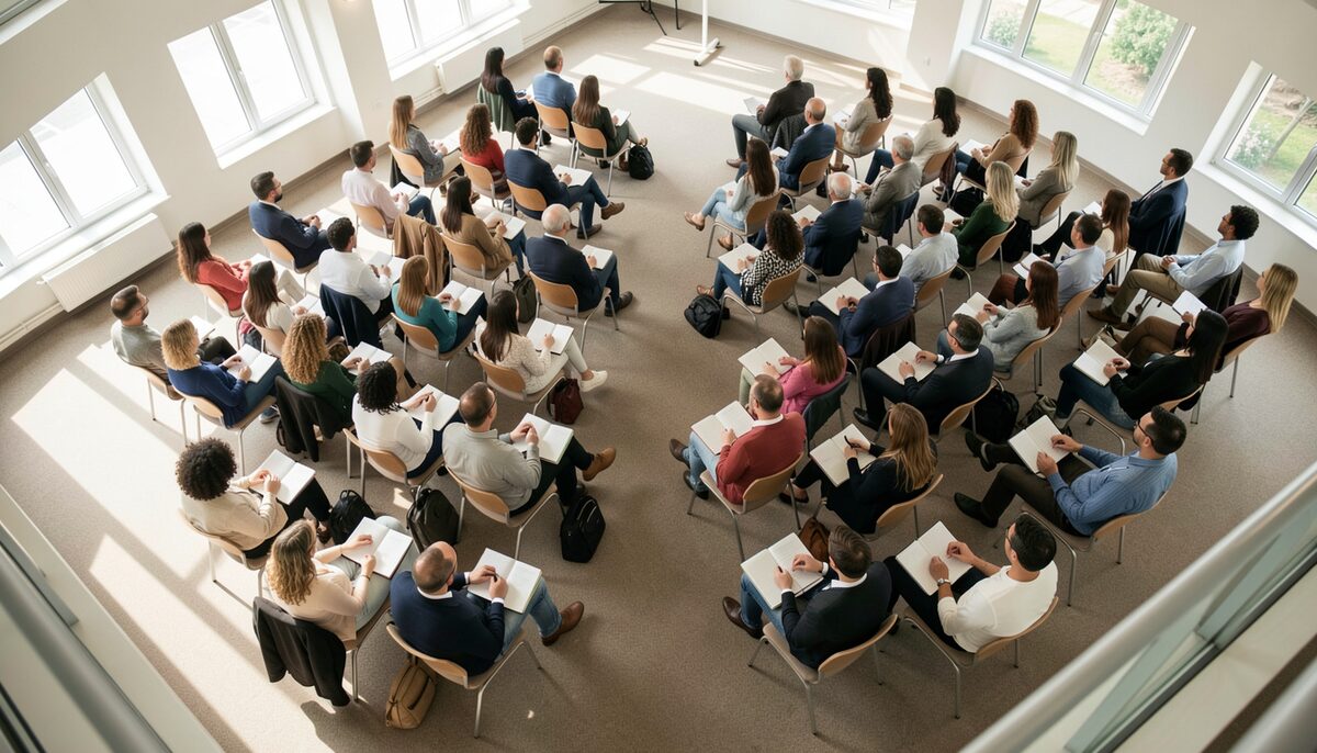 Overhead view of attendees seated in a bright conference hall, rows of chairs and open notebooks seen from a balcony above, no screens and no signage in the frame.