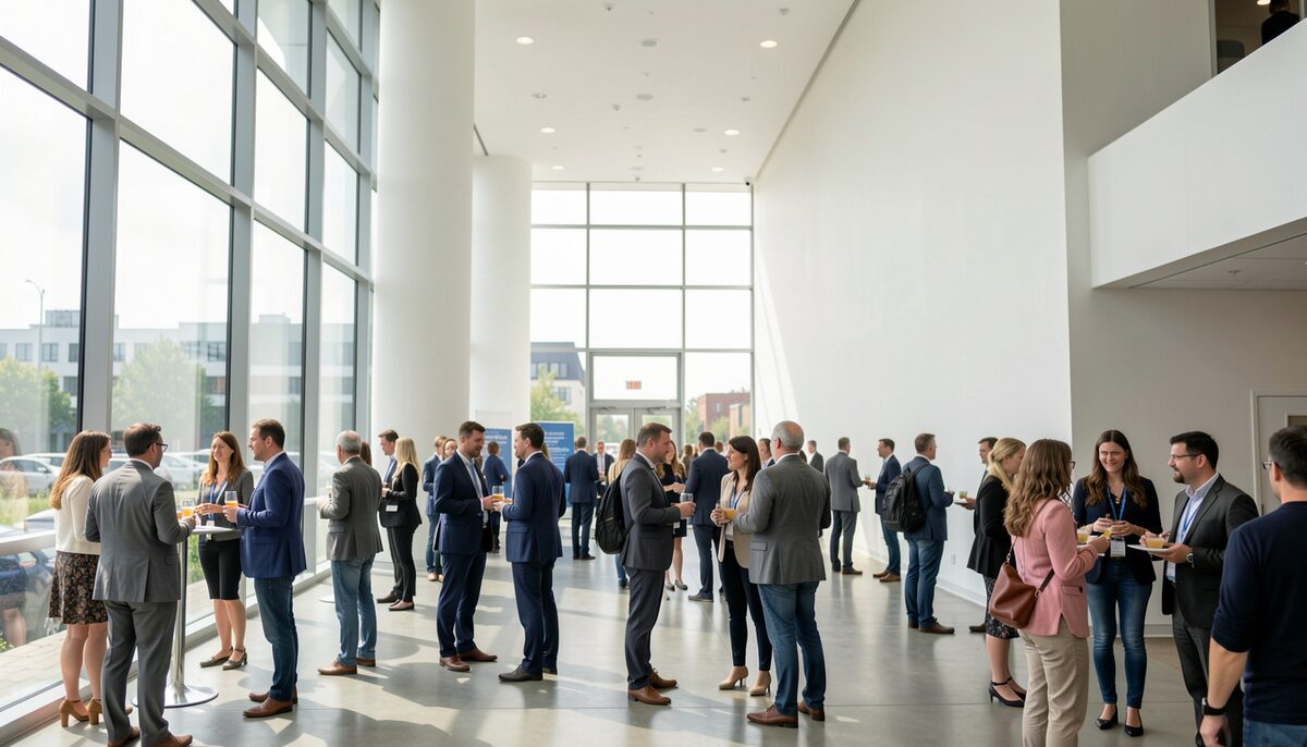 Attendees queuing and talking inside a bright modern convention foyer with high glass windows, plain clear walls, no banner and no screen in the frame.