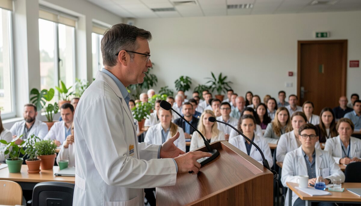 Researcher speaking at a podium in a lecture theatre filled with plant scientists.