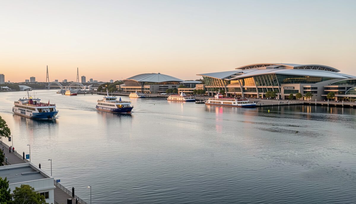 Evening view of Darling Harbour waterfront with conference centre buildings and ferries on calm water.