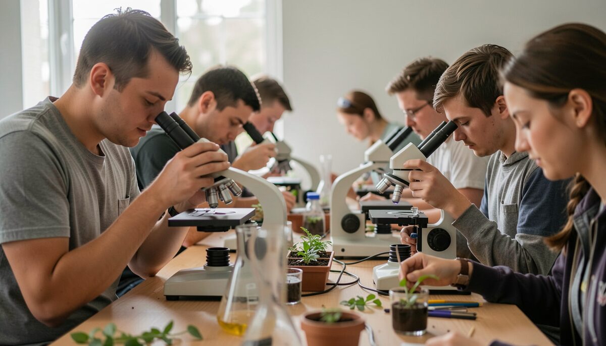 Small group of participants examining microscopes and plant specimens during a hands-on workshop.